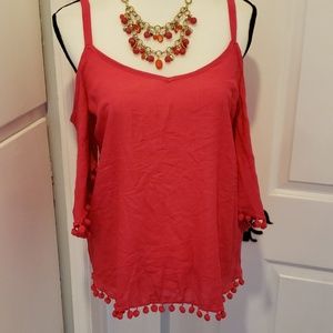 Fushia Pink Cold Shoulder Bell Top with Fringe, Size Small